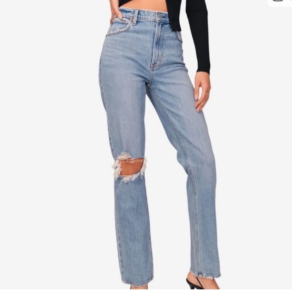 Abercrombie & Fitch Light Blue Distressed Straight Leg Jeans Curve Love